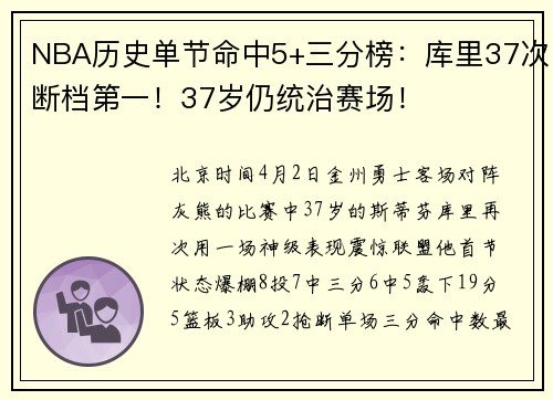NBA历史单节命中5+三分榜:库里37次断档第一!37岁仍统治赛场! NBA历史单节命中5+三分榜:库里37次断档第一!37岁仍统治赛场!